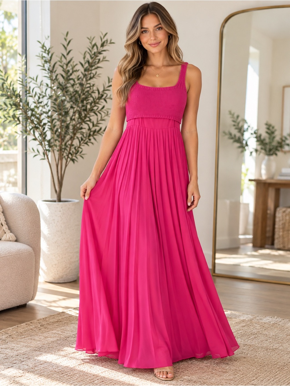 NWT Mare Mare x Anthropologie Pink Pleated Maxi Dress S Smocked Bodice Classy